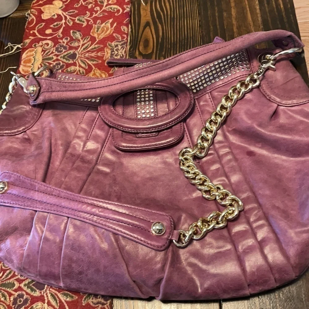 𝅺MARCIANO Studded Purple Leather Hollywood Goldtone Chain Crossbody